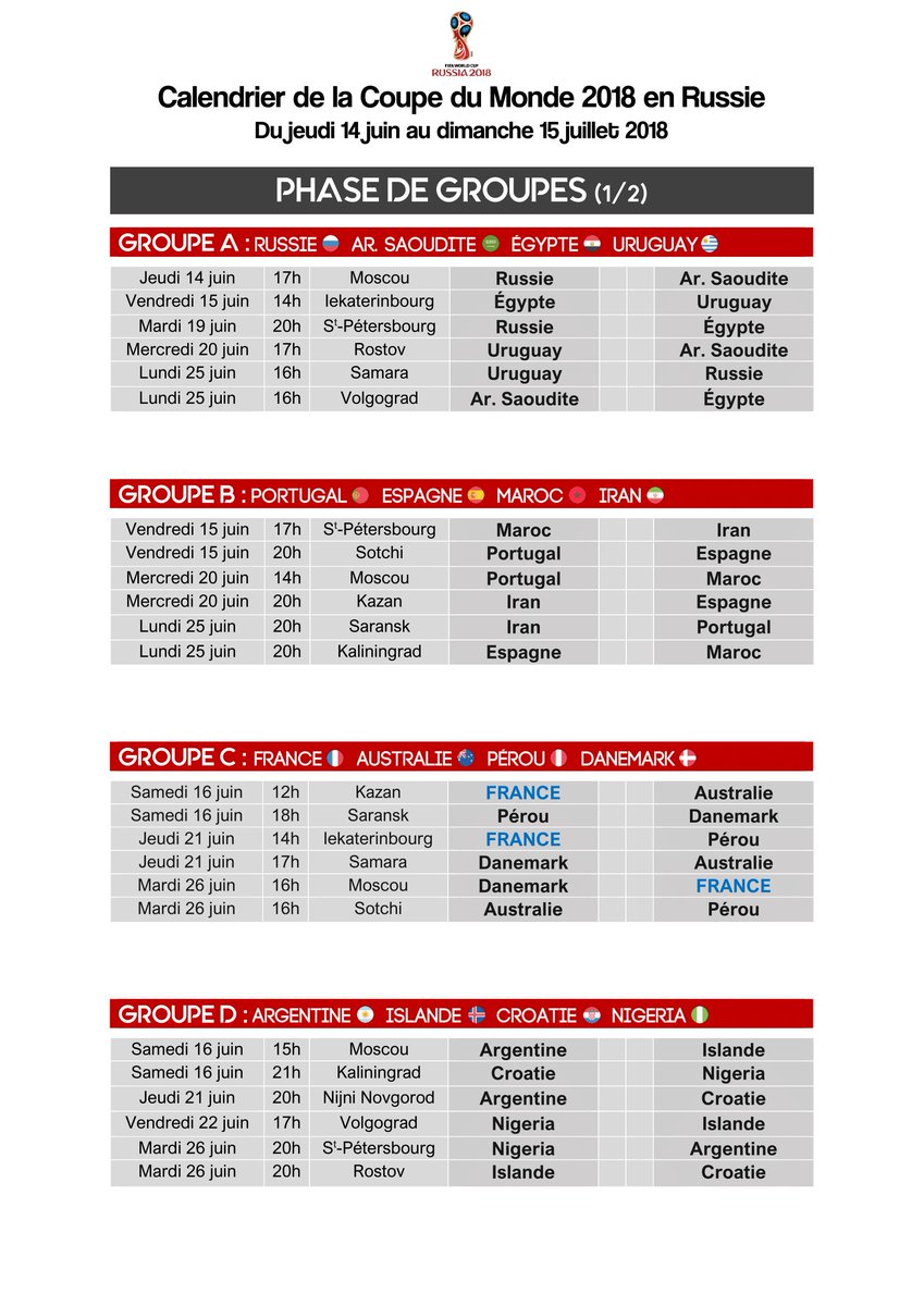 ActuFoot_'s tweet image. 🔴 OFFICIEL ! Le calendrier complet de la Coupe du Monde 2018 !