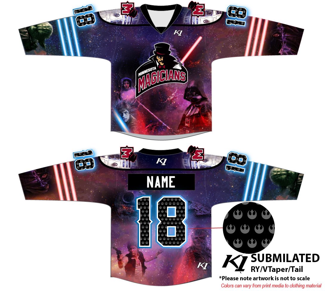 WiscWindigo's tweet photo. MAGICIANS FANS: Check out these jerseys we will be wearing on Star Wars next Saturday (Dec. 9th 7:05)! The jerseys will then be auctioned off following the game! 
For tickets: https://t.co/zZ7rg1Ze2C
Group discounts call 612-861-9356 #FeelTheMagic #StarWars https://t.co/eksIjhKwHh