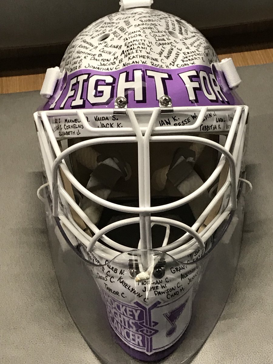jprutherford's tweet photo. Tonight is “Hockey Fights Cancer” at Scottrade Center. Here is the mask that starter Carter Hutton will wear against LA. It includes the names of nearly 400 kids impacted by cancer. https://t.co/7jRakJ8npr