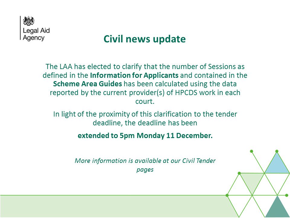 LegalAidAgency's tweet photo. 2018 HPCDS tender deadline extended to 5pm Monday 11 December #legalaid https://t.co/PTLjTEv2vH