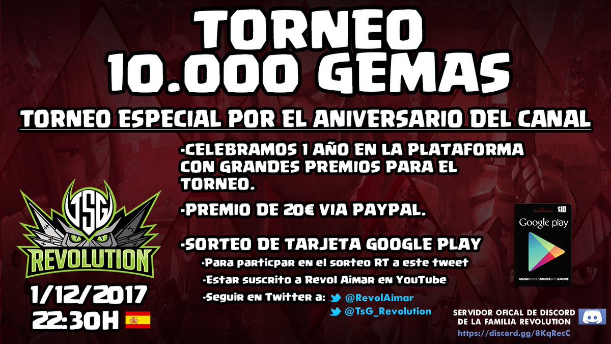 RevolAimar's tweet photo. -Esta noche estamos de aniversario en el canal conectamos desde las 22:30H🇪🇸
🎥 https://t.co/q1QERBjkdd

-Torneo 10.000💎
-Premio de 20€ vía PayPal para el ganador
-Sorteo de tarjeta Google Play. 
-Para participar en el sorteo, mira la imagen posteada🔽 https://t.co/H99FpbCaQe