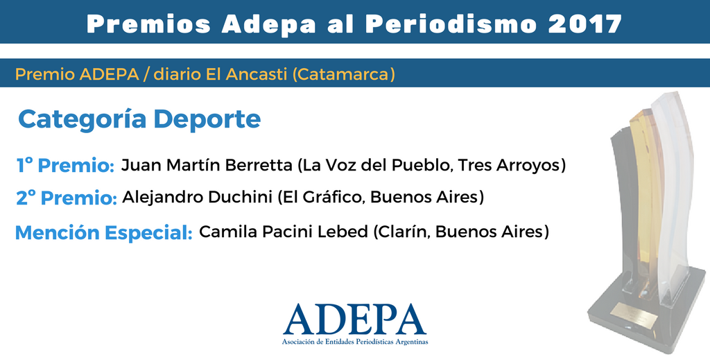 Adepargentina's tweet photo. #PremiosAdepa
Deportes
Juan Martín Berretta, @lvp3arroyos 
@aleduchini @elgraficoweb 
Camila Pacini Lebed, @clarincom https://t.co/im2kDEubUt