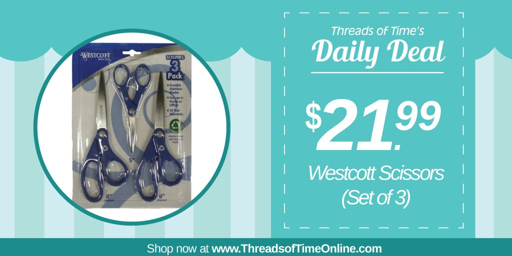 ThreadsofTime's tweet image. Daily Deal: Shop our Westcott Scissors (3-pack) for just $21.99 in-store and online at ThreadsofTimeOnline.com today! #DailyDeal #ThreadsofTime #Westcott #Scissors #sewingdeals