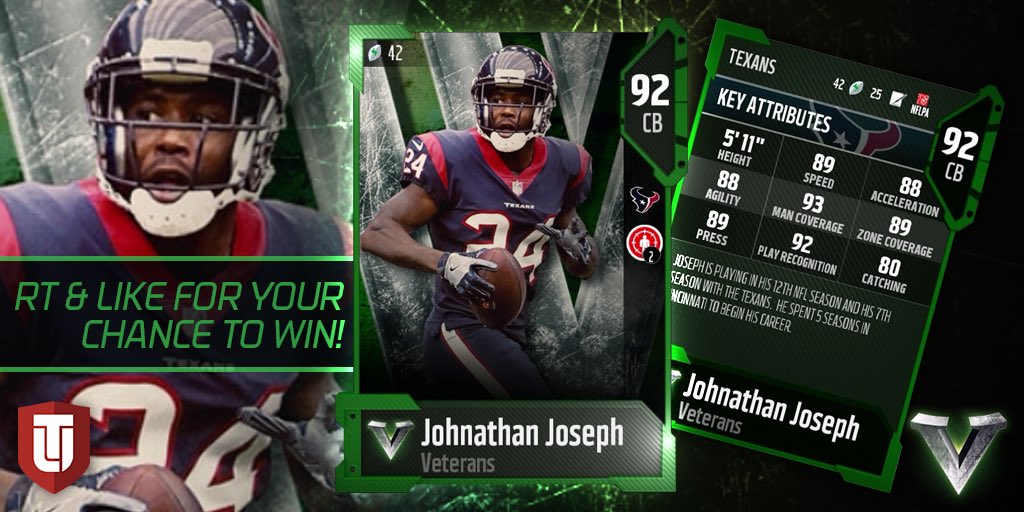 EASPORTS_MUT's tweet photo. Joseph is playing in his 12th NFL Season and his 7th with the @HoustonTexans. He spent 5 seasons in Cincinnati to begin his career. #Veterans #MUT #Madden18 https://t.co/igZJkPceyv