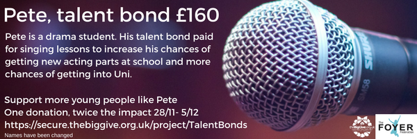 FoyerFederation's tweet photo. Day 4 #ChristmasChallenge17 @BigGive we are celebrating musical talent, find out how #TalentBonds have helped Pete to achieve his dream of acting with singing lessons. Support other #YoungPeople https://t.co/aT80wfolXc https://t.co/17KUr9GDII