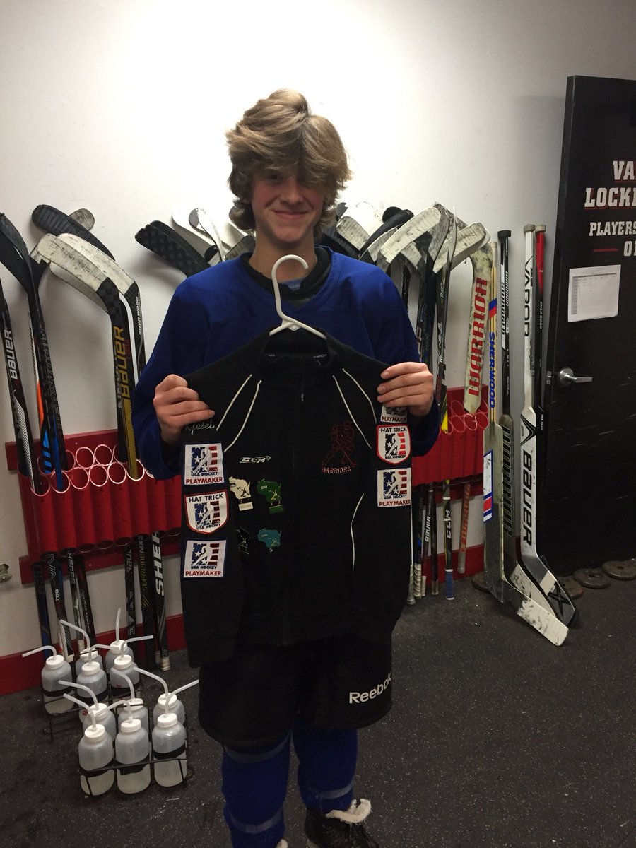 AmeryHockey's tweet photo. Fletcher brought in his Squirt/Pee Wee jacket as his memento. It is loaded up with hat trick and playmaker patches. Contrary to popular belief but it does not fit him now https://t.co/DfSHeo9cKX