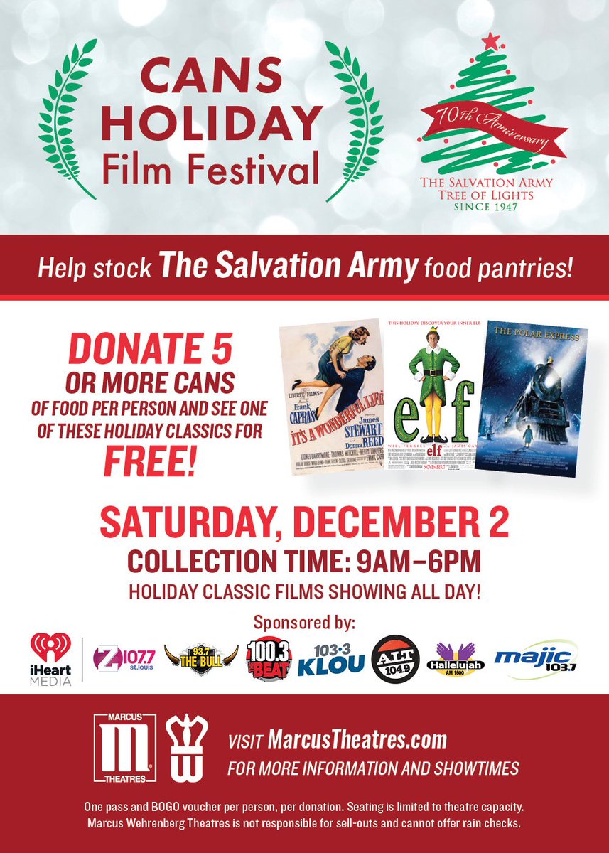 SalArmySTL's tweet photo. Tomorrow's the big day -- #CansFilmFestival at @Marcus_Theatres is happening from 9am-6pm! Catch a FREE Holiday Classic for the small price of FIVE canned goods: https://t.co/S7Du9cJAwf #CansFilmFestival https://t.co/hg4imfCrtX