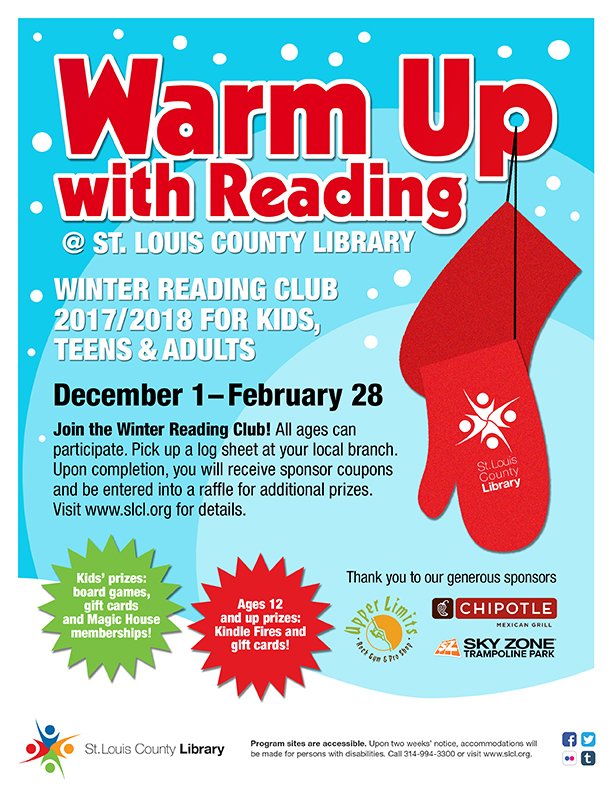 SLCL's tweet photo. Winter Reading Club starts today! Stop by your local branch to pick up a log. All ages can participate. Happy reading! https://t.co/LPFtBuut9W https://t.co/jHPwO8XCS2