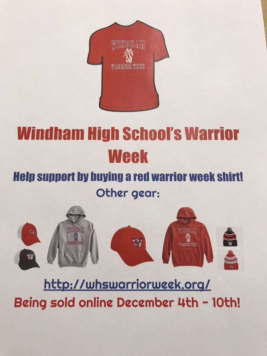 whswarriorweek's tweet photo. STUDENTS AND STAFF: Warrior Week merchandise will begin preorder sales next Wednesday during lunches! Bring money and enthusiasm to the table right outside the cafe!🇺🇸🇺🇸 https://t.co/SZxMgN4l36