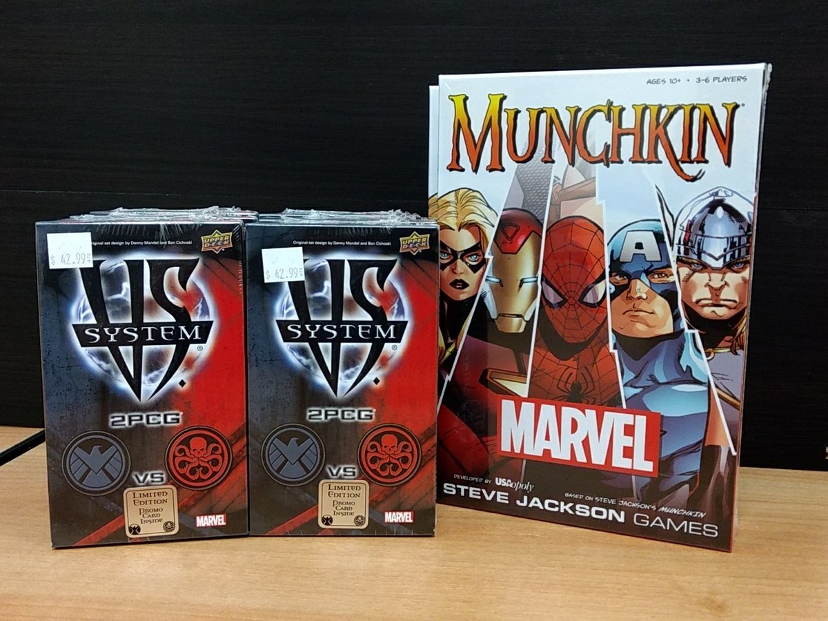 Sniglar_Kobolds's tweet photo. New and older marvel games instock. #MUNCHKINmarvel from @USAopoly and #vsSystem2pcg #shieldvsHydra from @UpperDeckEnt Both awesome games! https://t.co/GCaFTS7HLk