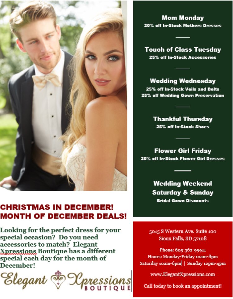 ElegantBoutique's tweet photo. We are doing specials every day of the month this December! Come check us out!
#SiouxFallsBridal #SiouxFallsProm https://t.co/H5VbBF7Tul