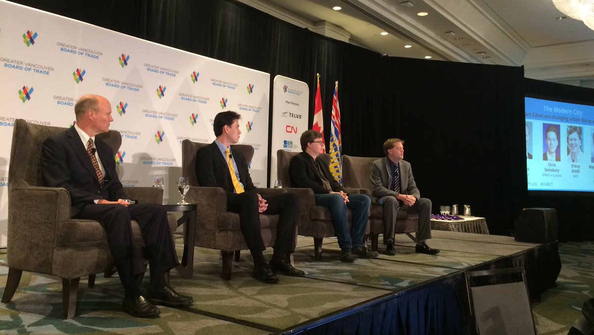 amy75evans's tweet photo. Enjoying #GVBOT #smartcities Forum. Excellent panel on The Modern City with @KPMG_Canada @WavefrontAC  @bcit @jonathanxcote with thoughts on impact of data, collaboration on levels, engaging citizens, cyber - much to consider #brightideas https://t.co/QN5kJm4VPu
