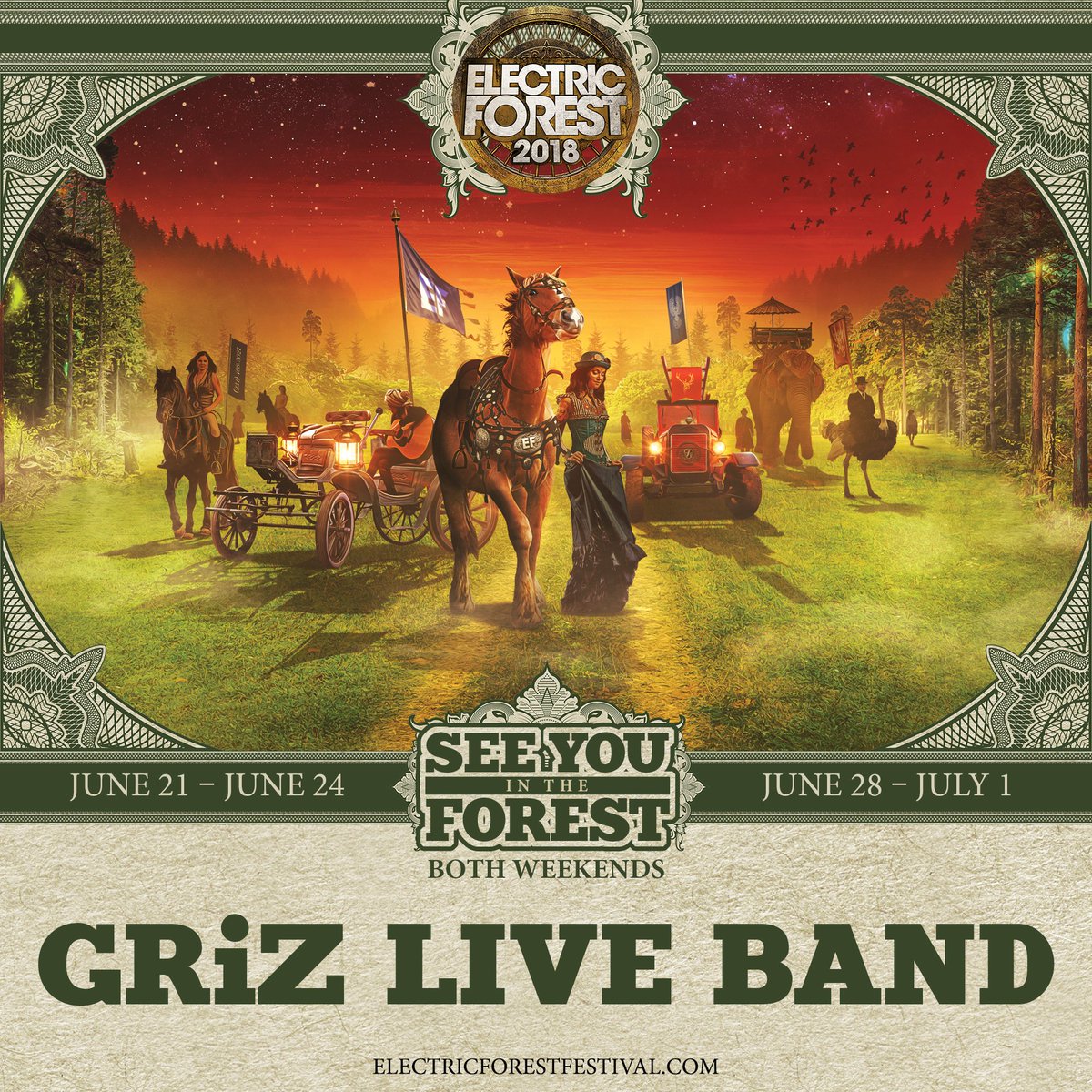 Griz's tweet photo. FOREST FAM WE'RE COMING BACK!!!! TWO WEEKENDS OF THE LIVE BAND IS GOING TO BE FUNK PARADISE!! THAT AND SO MUCH MORE 😘 https://t.co/oD803ZW0Ls