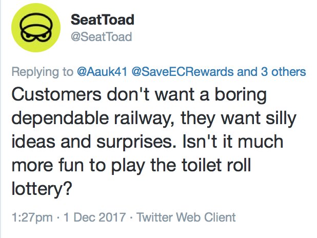 daveinitalia's tweet photo. Hi @Virgin_TrainsEC you do realise @SeatToad is a parody account? When they mention the toilet roll lottery you're not meant to implement it on board a few hours later! #LoveTheToad #VTECInnovation https://t.co/rfSKNib9Qy