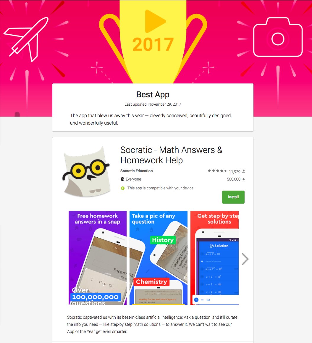 Best news to wake up to: <a href="/SocraticOrg/">Socratic</a> was selected as the <a href="/GooglePlay/">Google Play</a> BEST APP OF THE YEAR!! We are beyond excited! 🚀🎉