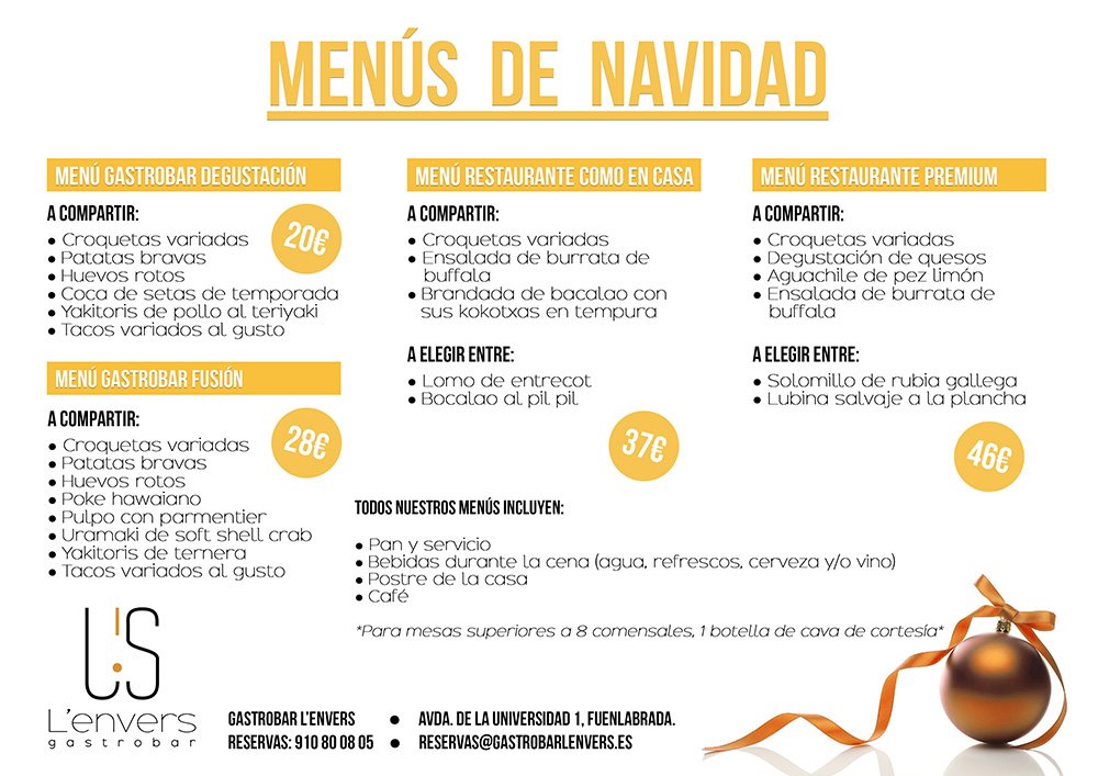 GastroLenvers's tweet photo. ¡CELEBRA LAS FIESTAS CON NOSOTROS!

Te proponemos cuatro menús especiales de degustación para que vengas a disfrutar de las fiestas a #gastrobarlenvers.

Te esperamos en Avda. de la Universidad 1, #Fuenlabrada, #Madrid. https://t.co/Kb268wp1GC