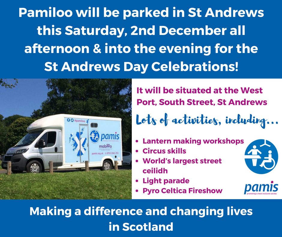 LauraRutherford's tweet photo. . @pamiloocp will be at the St Andrew's Day celebrations in St Andrews tmrw afternoon and into the evening, parked at West Port, South Street. @jennympamis @lesleyPAMIS and @maureen_phillip from @PAMIS_Scotland will be there to help #incLOOsion! #SAP2017 Pls RT &amp; spread the word! https://t.co/qzzTFg8ypd
