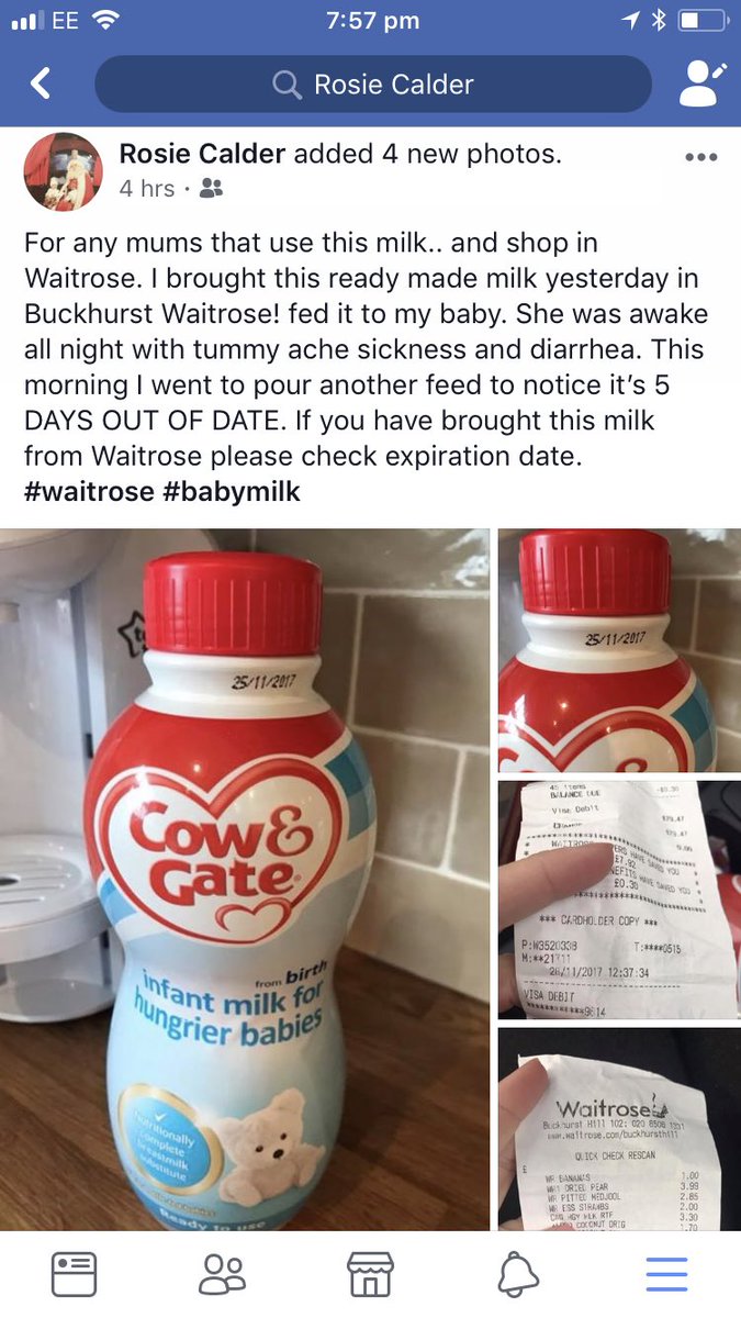 rosiecalder's tweet photo. OUT OF DATE BABY MILK FROM #waitrose #waitrosebuckhursthill #babymilk #mademybabyill https://t.co/Z1yvO1nWPO
