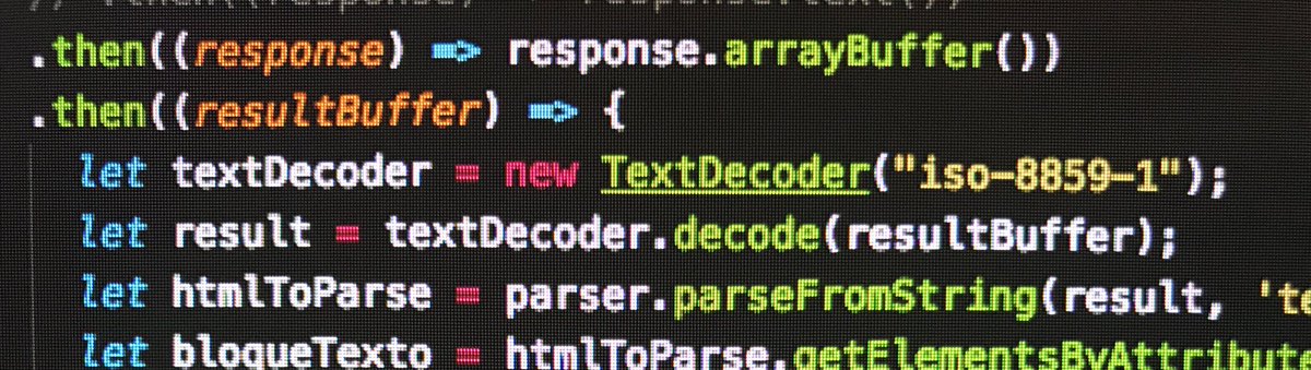 ismaserrano's tweet image. How to decode an iso-8859-1 HTML page retrieved with fetch in #reactnative? Simple, convert response to #ArrayBuffer and decode with #TextDecoder object. #javascript #es6