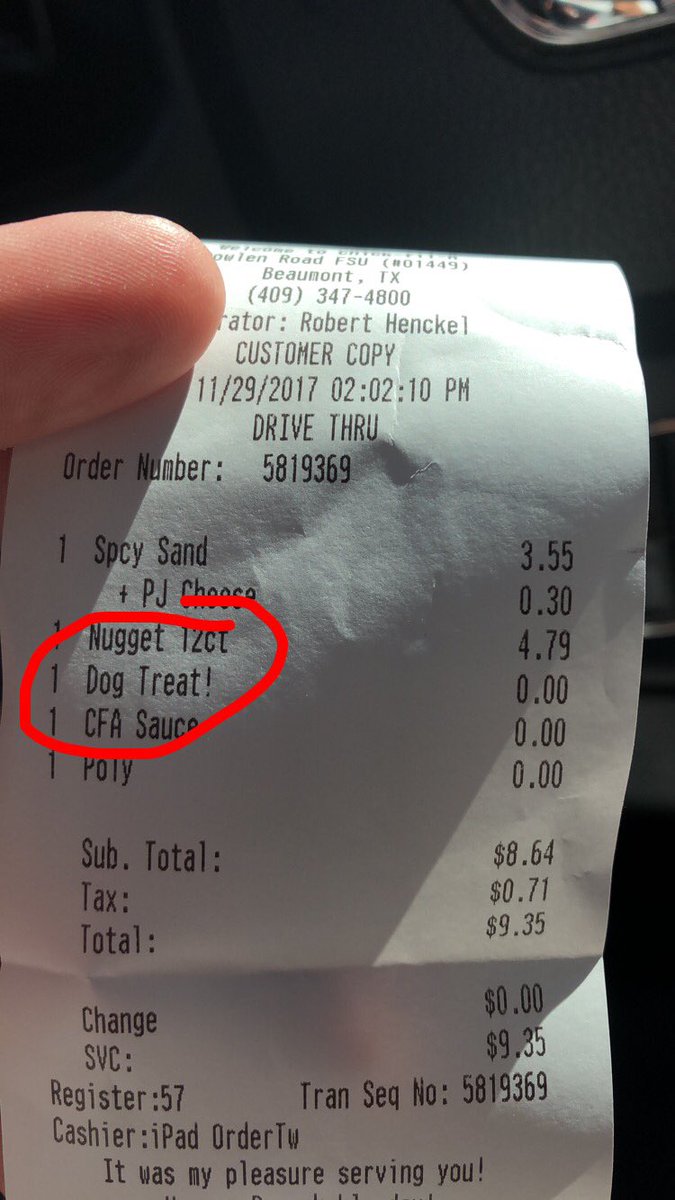 homeboies's tweet photo. Just drop through @ChickfilA with my dog, Milo, and on the receipt they put “dog treat” and when I got up to the window they actually gave me a dog treat for my dog. This is one of the many reasons I will always love Chick-fil-a! By the way, Milo is really happy now! https://t.co/ypLFO4UZKZ