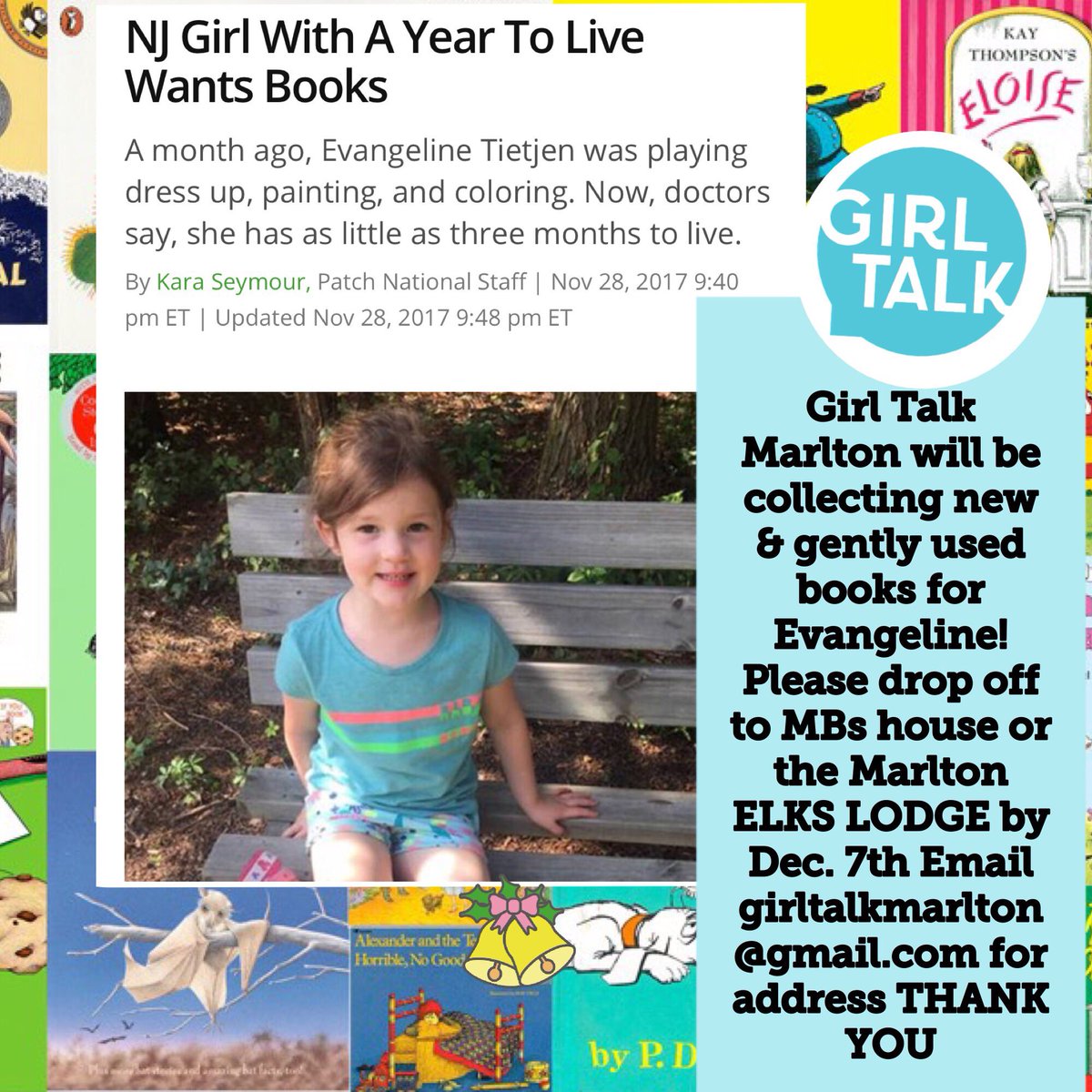 QuofWishfulThkn's tweet photo. @girltalkmarlton is collecting new & gently used children’s #books for Evangeline! Please help if you can by donating. The #marlton #Elks LODGE will be a dropoff! If they are closed please leave on deck(in a bag labeled girl Talk).THANK YOU!! #books4evangeline #lenaslibrary https://t.co/AQiPtFdXRc