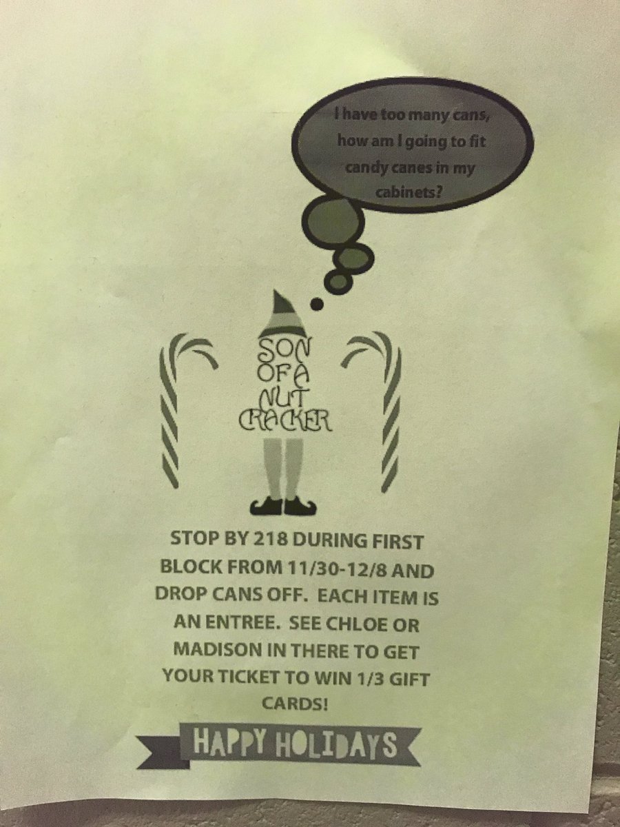 GarrettClaus's tweet photo. Tomorrow-next Friday is a canned/boxed food drive!!  Come to 218 during 1st period to get a ticket and enter your name in a raffle to win 1/3 gift cards!  Each item is 1 entree and the winner will be announced at next Friday's pep session with the pie in the face!! #GarrettClaus https://t.co/OVJk5lboOA