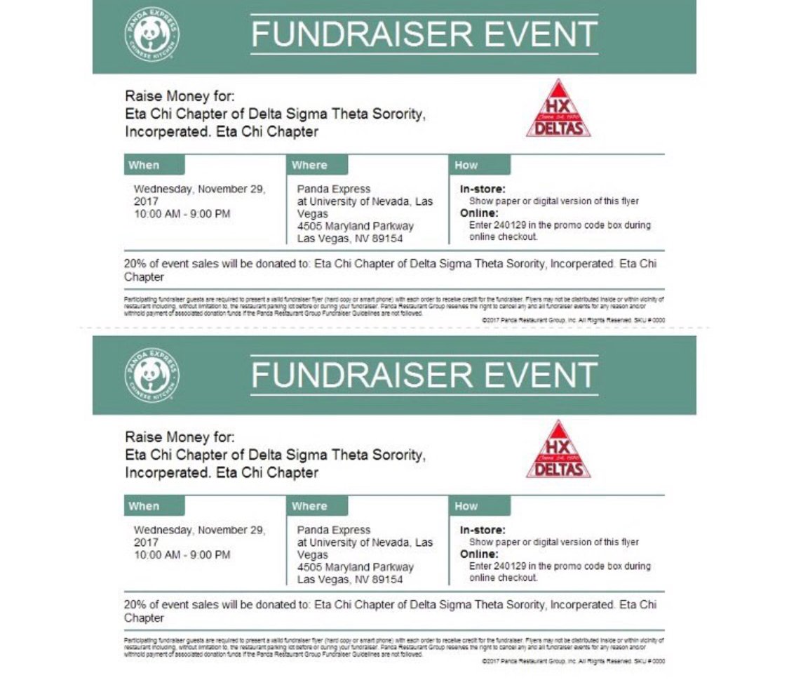 UnlvNphc's tweet photo. Come support the ladies of Eta Chi!  All you need to do is show this flyer or mention Eta Chi’s fundraiser to the cashier at Panda 🐼 Express inside the Student Union!
#deltasigmatheta #unlvdeltas #lasvegasdeltas #crimsonandcream #pandaexpress #issalunch #treatyoself 
#unlvnphc https://t.co/eAJbgJgTBT