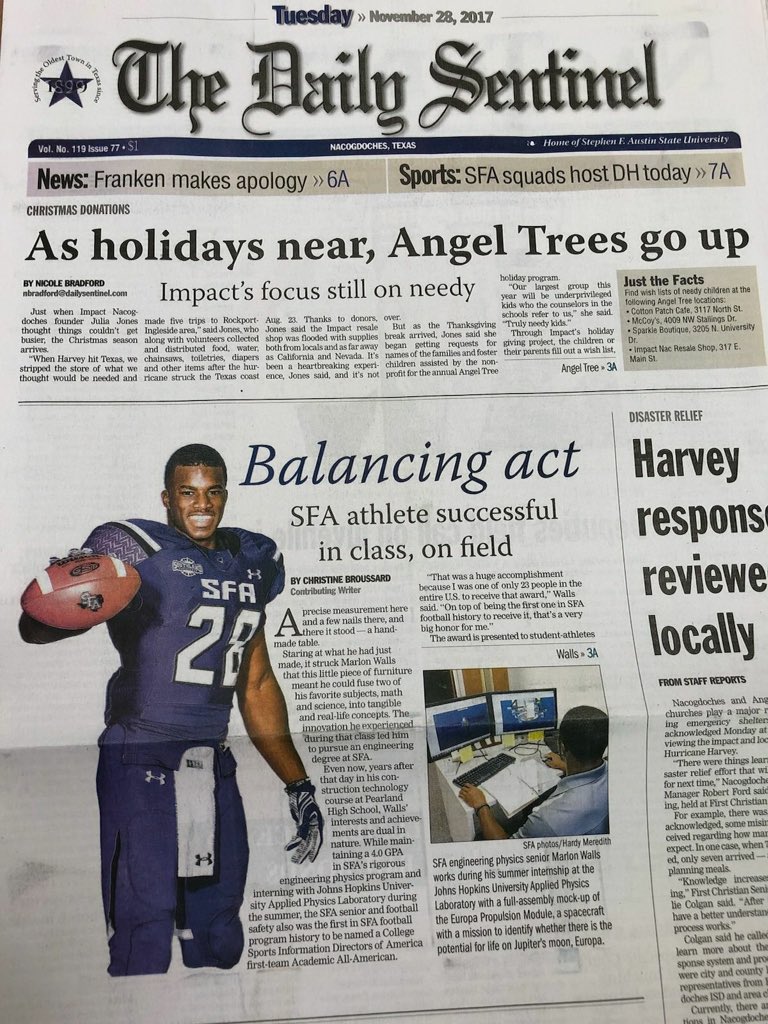 DMoPUSH's tweet photo. Want to give quite a huge Shoutout to one of our seniors Marlon on being featured in the Daily Sentinel. We are so Godly proud of you! Make sure you guys go and get your copy! #axem #dmopush #sfa17 @SFA_Athletics https://t.co/SOJ5NfH0xQ
