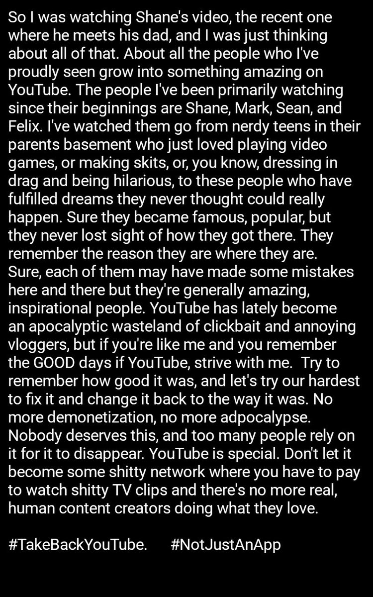 LukesLegends137's tweet photo. #TakeBackYouTube #NotJustAnApp read this, please retweet. YouTube is important. WE are the consumers, so WE need to change it back. Fix it. https://t.co/67OItpGrNc