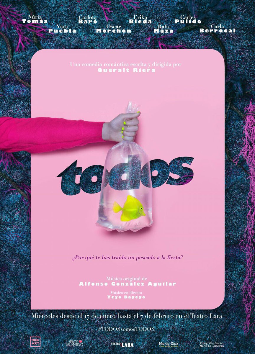 🐠El Miércoles 17/1/18 se estrena en Madrid TODOS en el <a href="/teatrolara/">Teatro Lara</a>, escrita dirigida por @Queralt_Riera #TODOSsomosTODOS
<a href="/Nuria_Tomas/">Núria Tomás</a>
@Queralt_Riera
@AnnaColet
<a href="/Lhoest_Music/">Anna Colet</a>
<a href="/YaraPuebla/">Yara Puebla</a>
<a href="/MayteLuengo/">Mayte Luengo | Stylist Studio</a>
@AlfonsoFilm 
<a href="/OscarMorchon/">Óscar Morchón</a>
<a href="/CarlotaBaro/">Carlota Baro Riau</a> 
@ErikaYasmina 
@Be_Carla
@TeatroLara