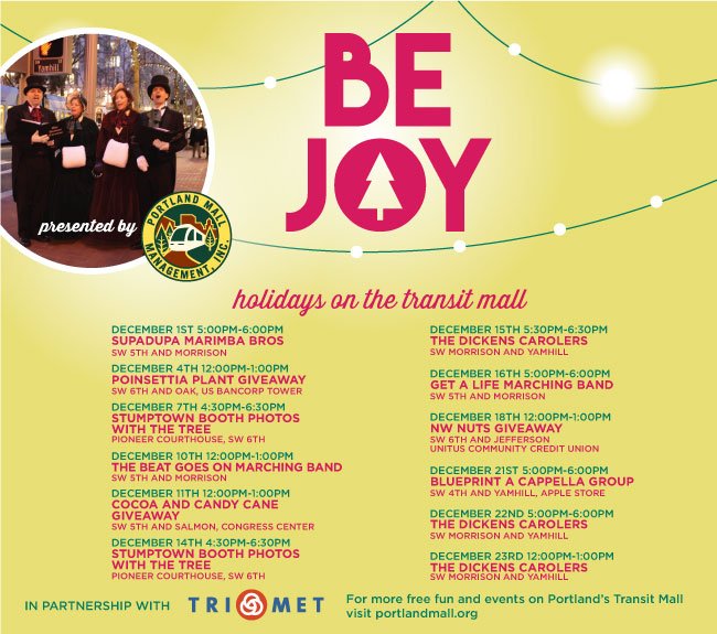 Our 12-part Holidays on the Transit Mall event series begins this Friday! Join us in partnership with <a href="/thesquarepdx/">The Square</a> throughout the month of December for performances, giveaways and more along the transit mall! 🚊🎶🎁🎺✨