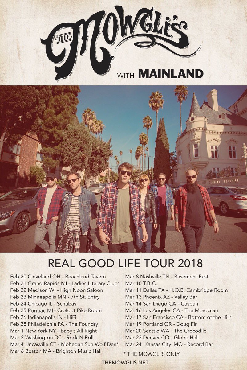 Themowglis's tweet photo. We're kicking off 2018 with a brand new, intimate tour. The Real Good Life Tour starts on 2/20! This is our first headline run in over 1.5 years. Can't wait to see your faces in the crowd ❤️And we're bringing @mainland with us! 

Tickets on sale on 12/1.

#RealGoodLifeTour https://t.co/nzAPt7fLJq