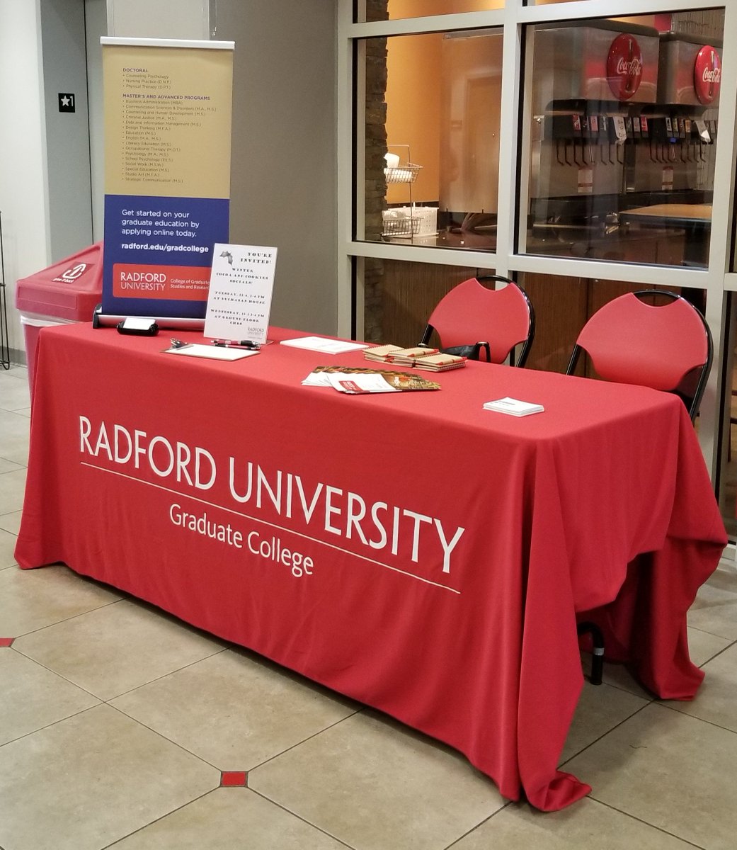 #RadfordU's Grad College has staff at The Bonnie from 11 am to 1 pm today! Have a question about graduate programs, applications or assistantships? Come by and talk!