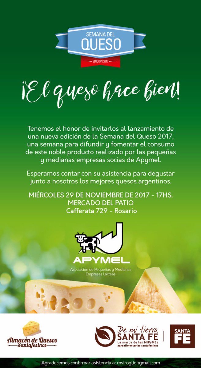 Sigue #semanadelqueso  hoy en Rosario, mercado del patio, caferata 729 a las 17 horas. pasa y proba los mejores quesos santafesinos...