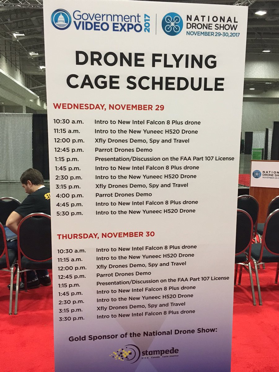 exertisna's tweet photo. Check out the @STAMPEDEglobal Drone Flying Cage Schedule at the #GovernmentVideoExpo17 Come learn how to fly and see some of the newest flight technologies. #avtweeps #avnews #ProAV #drones #dronesforgood #ProDrones https://t.co/NMVxao3BBO
