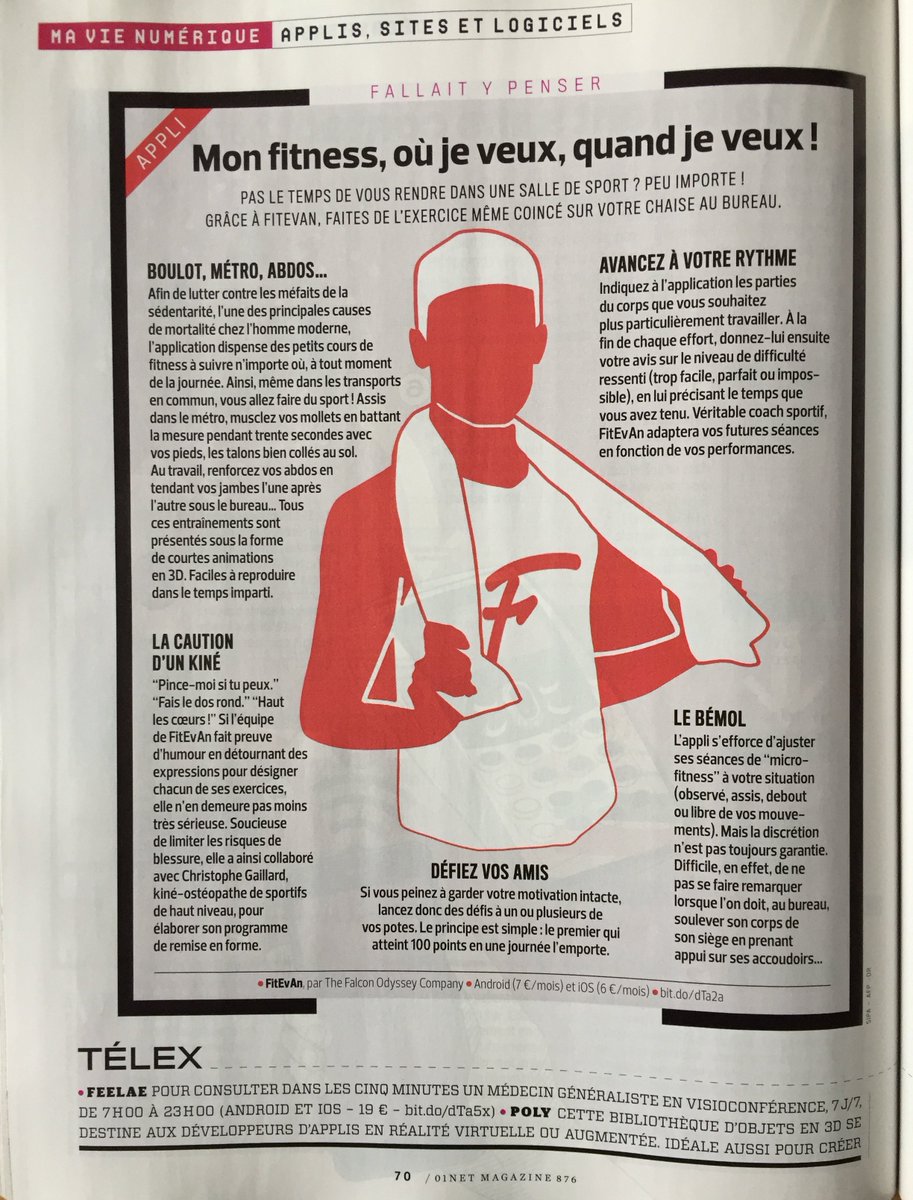 FitEvAnApp's tweet photo. A partir d'aujourd'hui et jusqu'au 12 décembre nous sommes en kiosque dans @01netMag n°876 ! Foncez ! 😉
#FitEvAn #microfitness #fit #fitnessmotivation #metro #work #motivation #workout #sport #bienetre #healthy #france #sedentarite #sport #activitephysique #sportsansbouger https://t.co/paVPGYJJhd