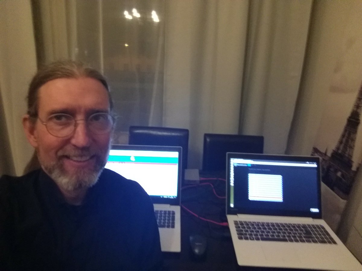 _chainfrog_'s tweet photo. Last pre- #Slush17 test of the #blockbinder demo in a Helsinki AirBnB. With #blockchain, two laptops, and router I'm trying hard not to pretend I'm Q in a Bond movie. https://t.co/WxhUHrWr4N