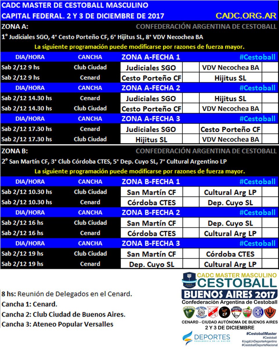 CADC MASTER MASCULINO DE #CESTOBALL
2 y 3 de Diciembre
FIXTURE DEL DÍA 1

#JugáUnDeporteArgentino
#CestoballDeporteNacional
#Sports #WorldGames #Olympics #Deportes
<a href="/DeportesAR/">Deportes Argentina</a> <a href="/canaldeportv/">DEPORTV</a> <a href="/TyCSports/">TyC Sports</a> <a href="/Diario/">Diario</a>.ole 
<a href="/TV_Publica/">TVP</a>