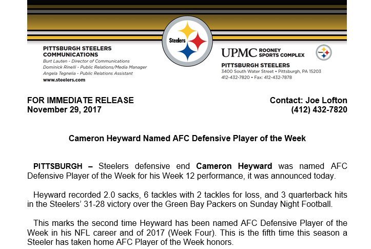 SCBlitz's tweet photo. Cam Heyward @CamHeyward named AFC Defensive Player of the Week.
Congrats Cam! Great performance last week during the course of what has been a great season for you as a player. #StandWithCam #IronHead https://t.co/VSjipI8OHu
