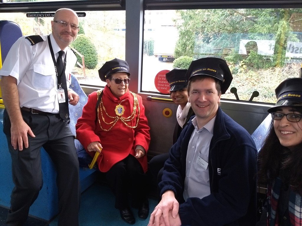 PhysicsAtSussex's tweet photo. Last Friday, in true #ScienceOnBuses spirit, @DrDasB and Astronomy Students Jessica and Azizah teamed up with Brighton Buses Manager Martin Malpass and Brighton and Hove Mayor Mo Marsh to curate a science-y bus journey! Did you see them on your commute?πππ https://t.co/UyyQIZOiRN