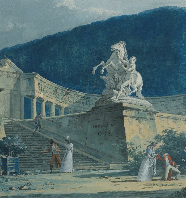DidierAaron's tweet photo. Romantic #proposal before one of the #marlyhorses #chevauxdemarly ? Detail of a #gouache by Antoine-Pierre Mongin #1794 in our exhibition during @LondonArtWeek https://t.co/hFyoQOMjyw