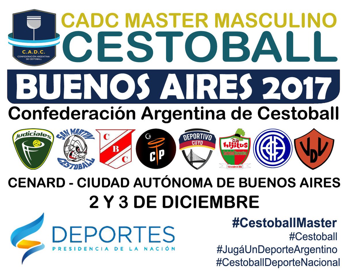 CADC MASTER MASCULINO DE #CESTOBALL
2 y 3 de Diciembre

#JugáUnDeporteArgentino
#CestoballDeporteNacional
#Sports #WorldGames #Olympics #Deportes
<a href="/DeportesAR/">Deportes Argentina</a> <a href="/canaldeportv/">DEPORTV</a> <a href="/TyCSports/">TyC Sports</a> <a href="/Diario/">Diario</a>.ole 
<a href="/TV_Publica/">TVP</a>