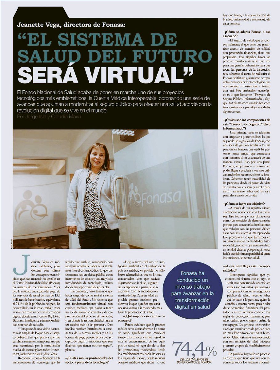 Fonasa's tweet photo. Directora de Fonasa Dra. Jeanette Vega: "El sistema de salud del futuro será virtual" Hoy en @DFinanciero #CuentaInteroperable #CuentaMédica https://t.co/OoLwhy1uq5