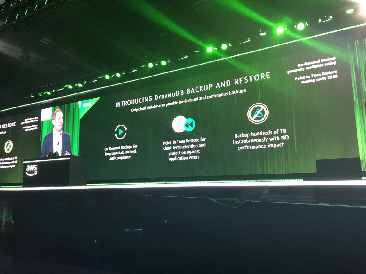 ThanosBaskous's tweet image. Point in time backup and restore with down the second granularity for #awsdynamodb coming in 2018 #AWSreinvent2017