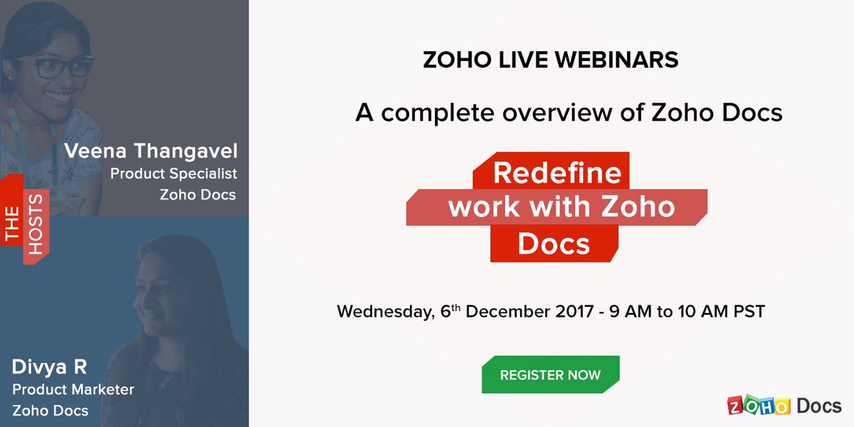 Zoho's tweet image. Join our free webinar to see how #ZohoDocs helps you work smarter. Register at zoho.to/2yQEm8o
