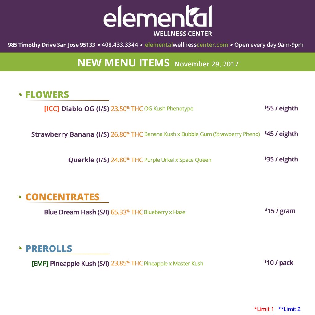 Elemental2009's tweet photo. MENU UPDATE >> #StrawberryBanana returns @ 27% #THC 🍓🍌 + #BlueDream #Hash in @ 65% #THC 💙💭 #elementalupdate https://t.co/iNkbwECuUI
