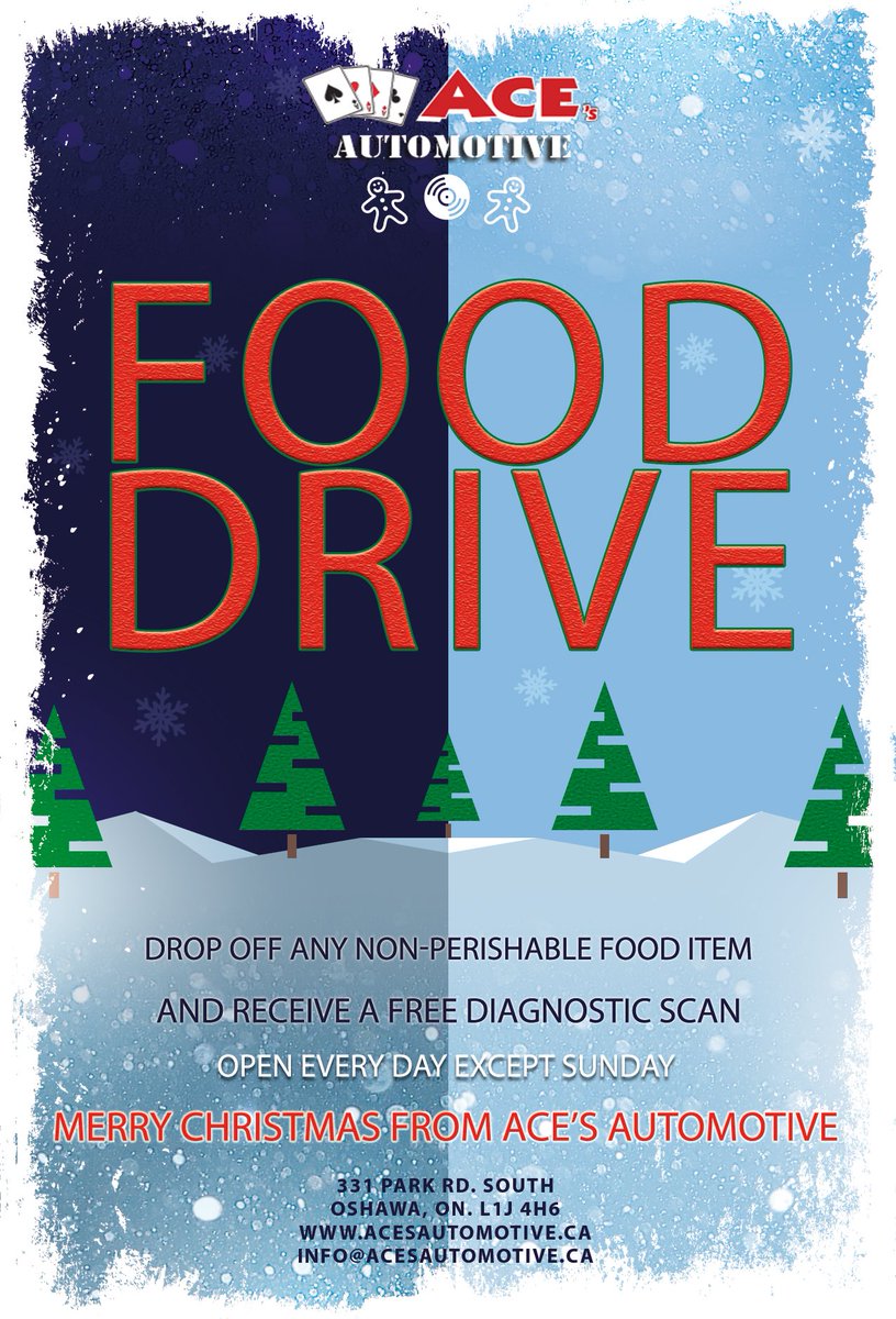 RT <a href="/Aces_Automotive/">Aces Automotive Inc</a>: Ace's Automotive Annual #Holiday #Food #Drive Has Begun!
Help those in need by participating in our food drive this holiday season. 
Free diagnostic scan for every donation!

331 Park Rd. South, #Oshawa
acesautomotive.ca