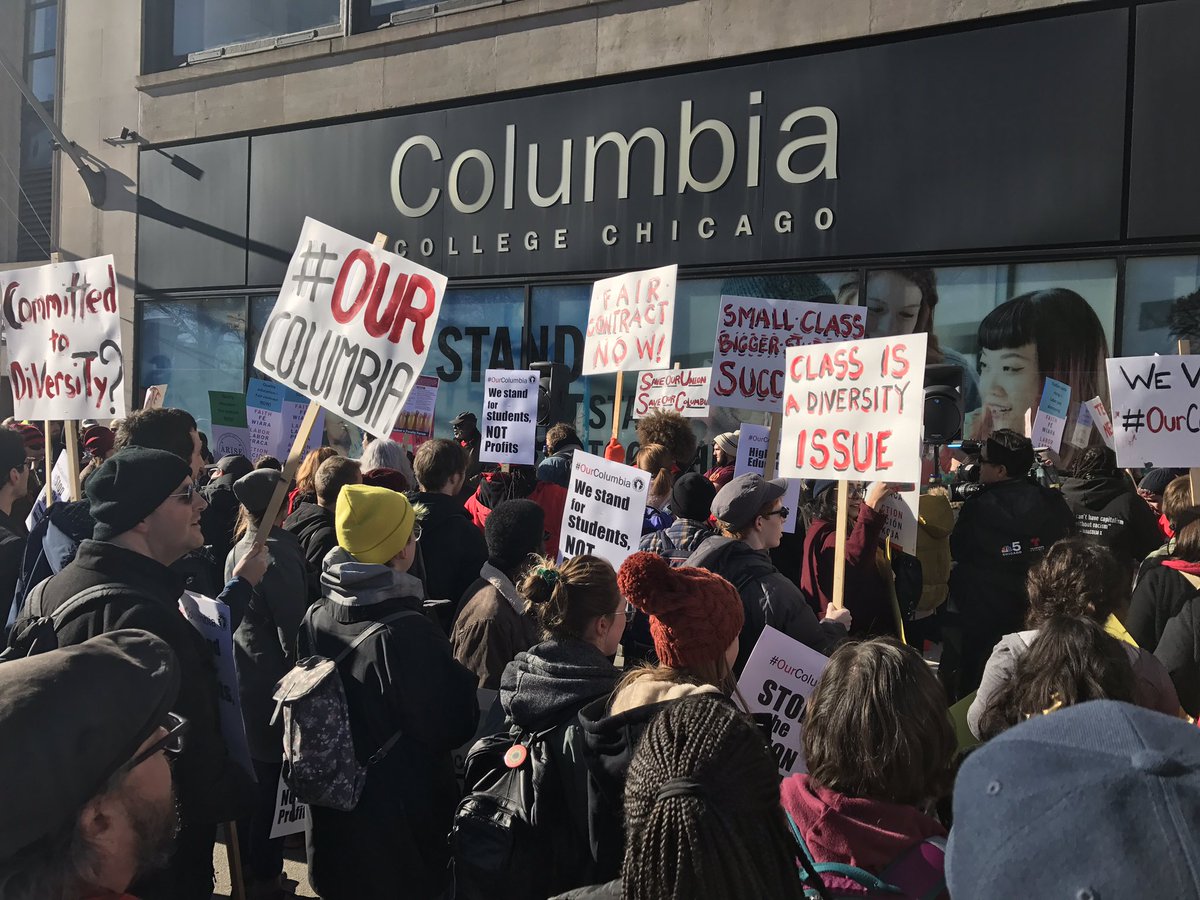 FacForwardChi's tweet photo. Happening now: @PFACColumbia on strike at Columbia College! Students over profits!!! #highered #OurColumbia https://t.co/pqpSb2Jfmh
