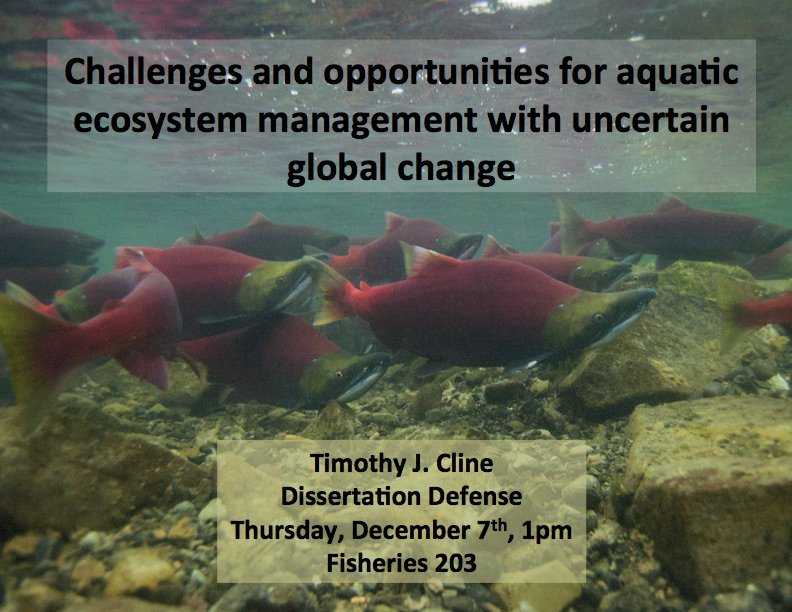 I'm defending my Ph.D. next week. Thursday, Dec. 7th, 1:00 PST, Fisheries Room 203. It will also be live streamed. Details to come later. All are welcome to attend or listen in!