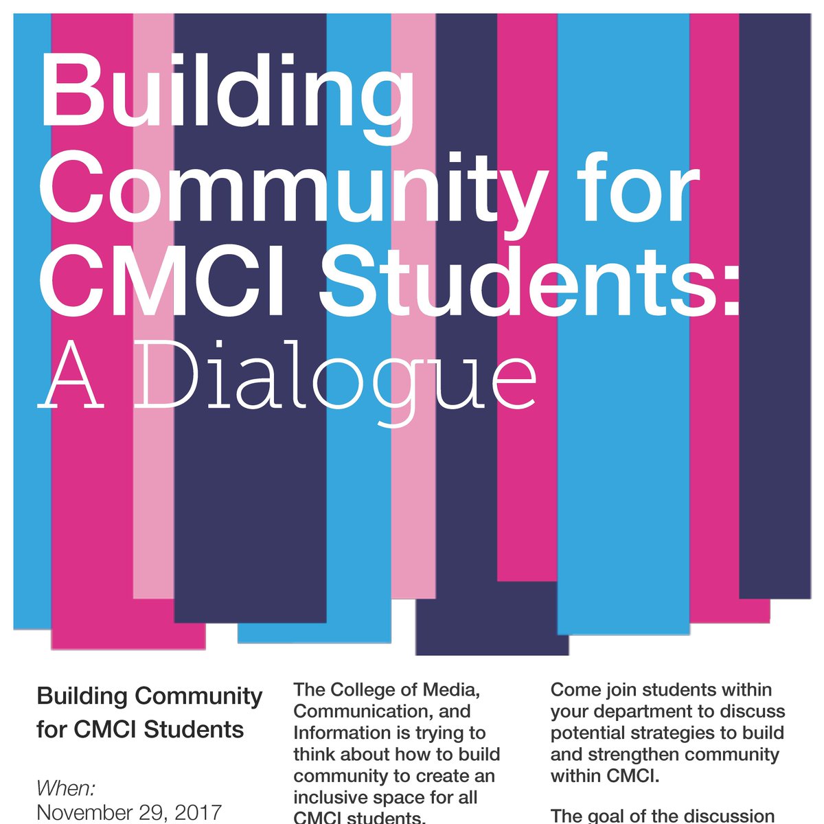 CUBoulderComm's tweet photo. Tonight join us in Humanities 1B70 to talk about creating the best #CMCI community
#communication
#Bouldertalks #cubouldercmci #cucomm #beboulder https://t.co/viTw3r2bfm